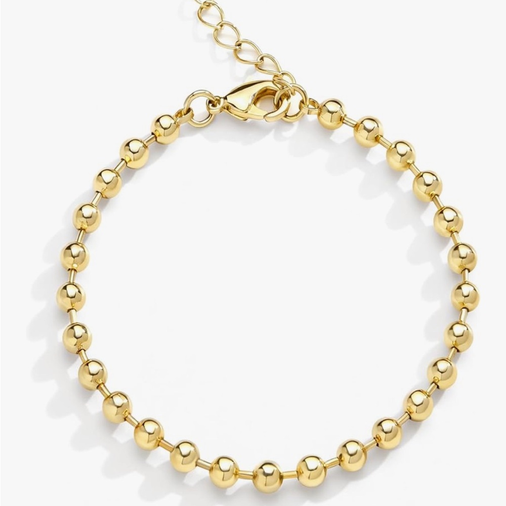 14K Gold Beaded Ball Chain Bracelet Dainty Polished Round Bead Link Shiny Gold